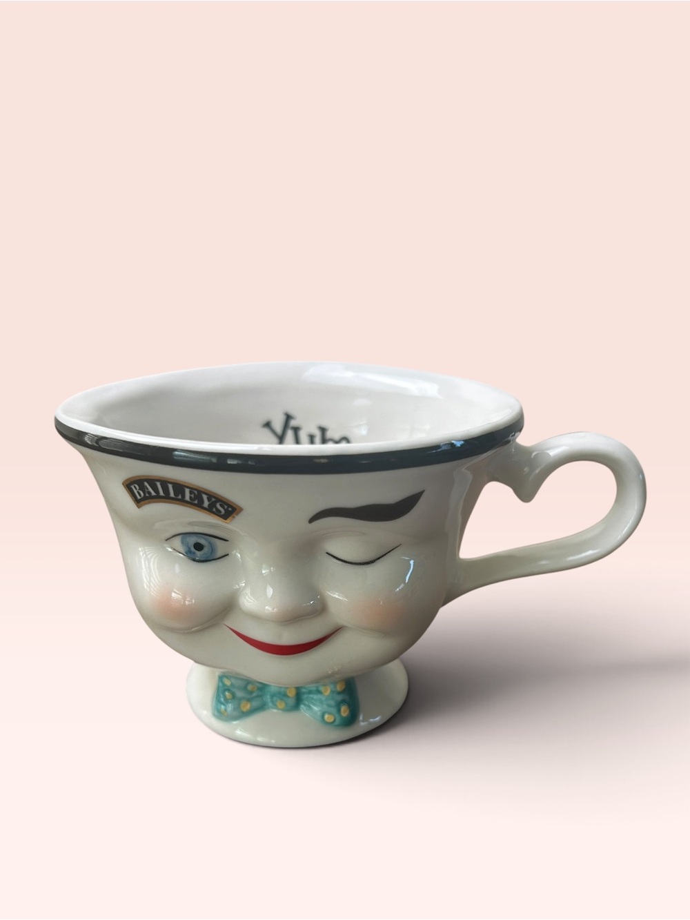 Vintage 1996 Baileys Irish Cream “Yum” Winking Face Mug Blue Bow Tie